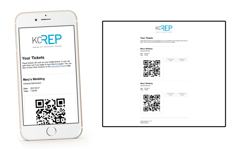 Images of a cell phone with KCRep Mobile Tickets on the screen, and a screenshot of a KCRep Mobile Ticket page.
